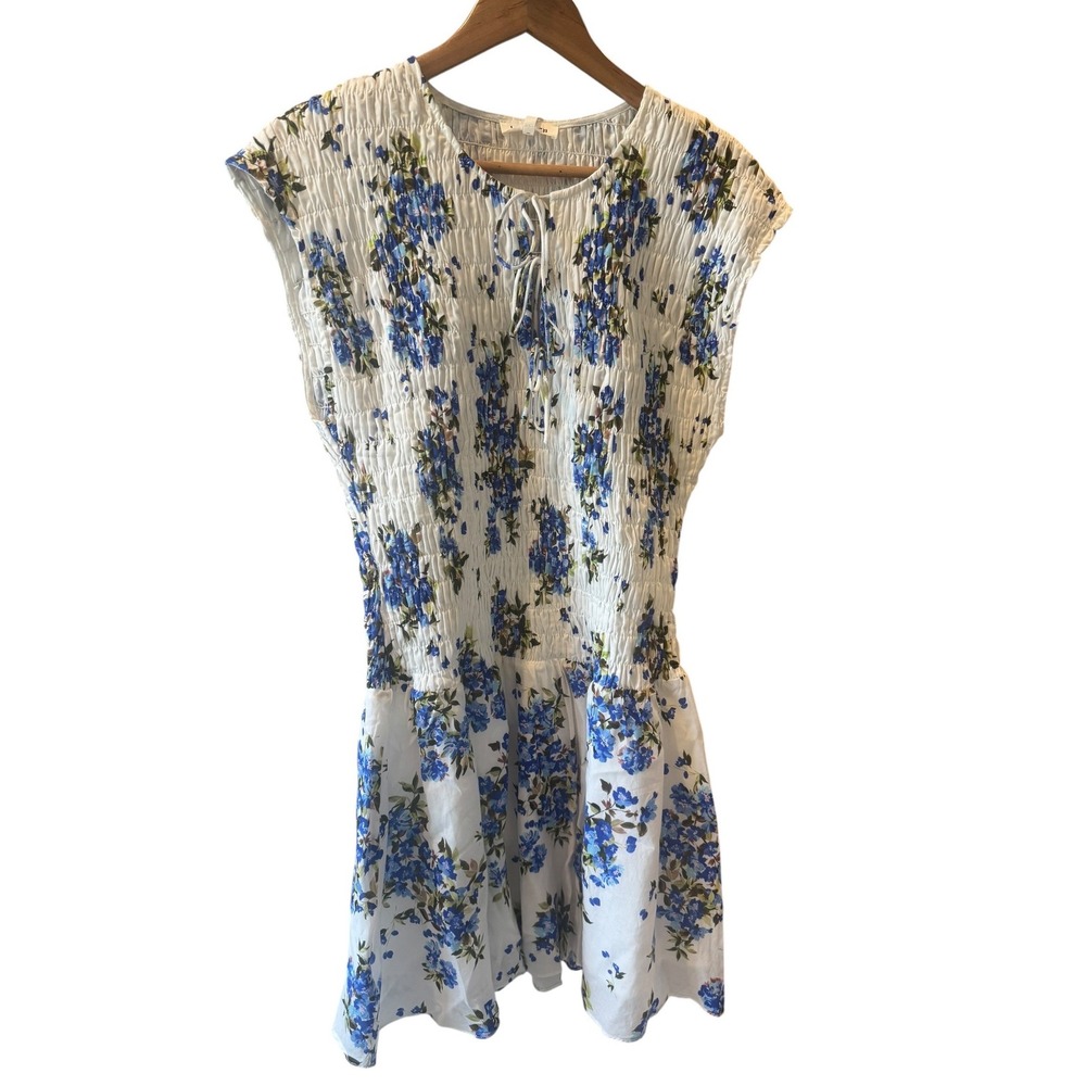 Heartloom Blue Floral Smocked Mini Dress Cotton Keyhole Tie XL NEW